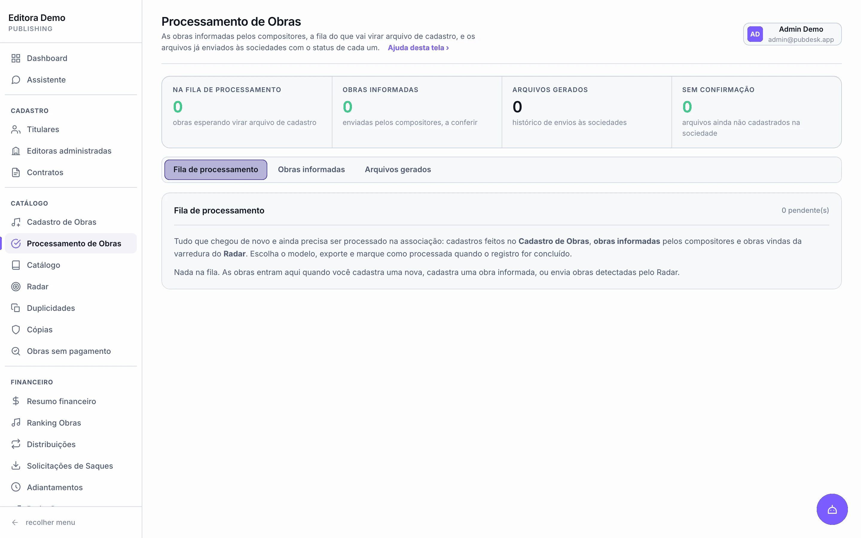 Tela de Processamento de Obras com a fila, os formatos de cadastro e o histórico de arquivos enviados